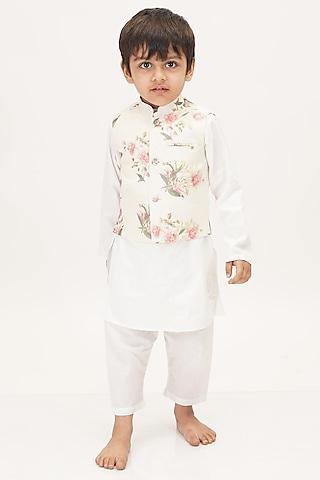 white printed nehru jacket with kurta set for girls