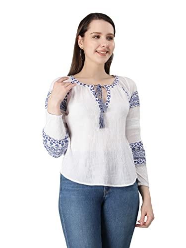 white printed regular top for women with embroidery on neck and sleeve