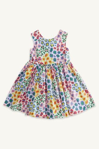 white printed round neck casual knee length sleeveless girls regular fit dress