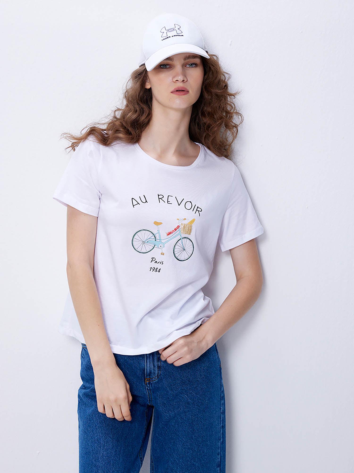 white printed round neck t-shirt