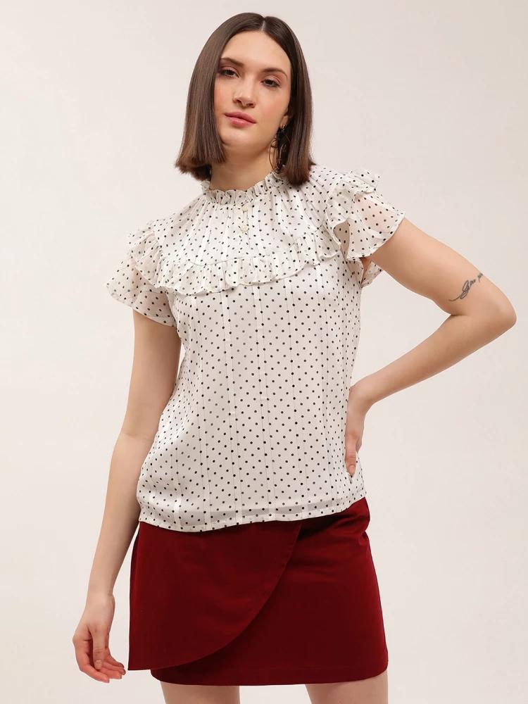 white printed round neck top