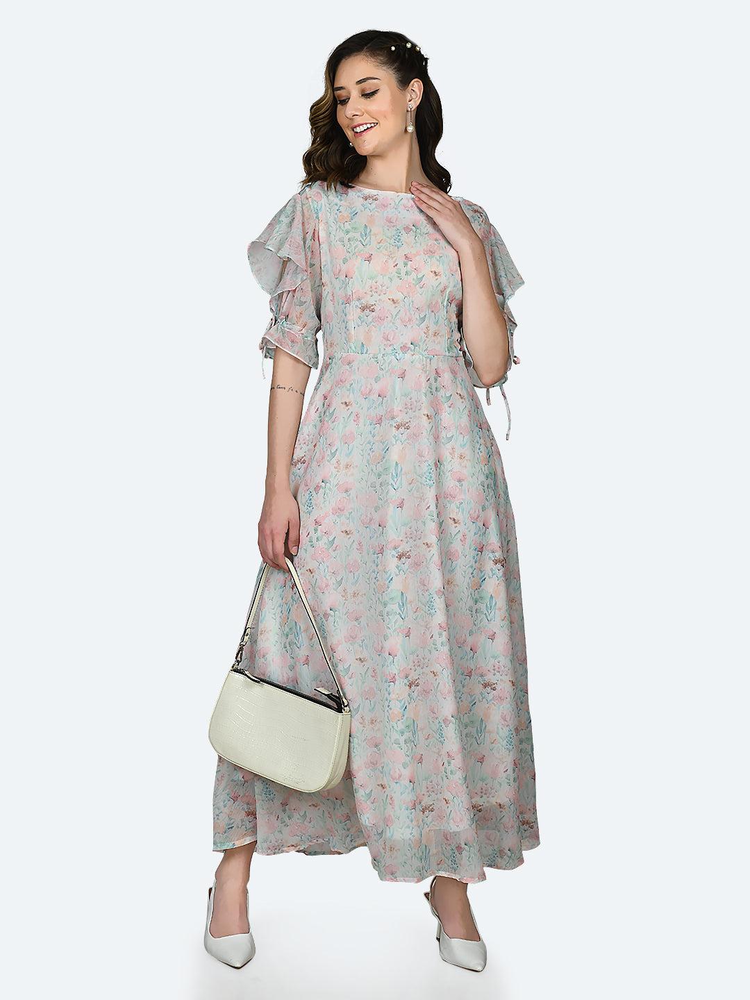 white printed ruffled maxi dress for women