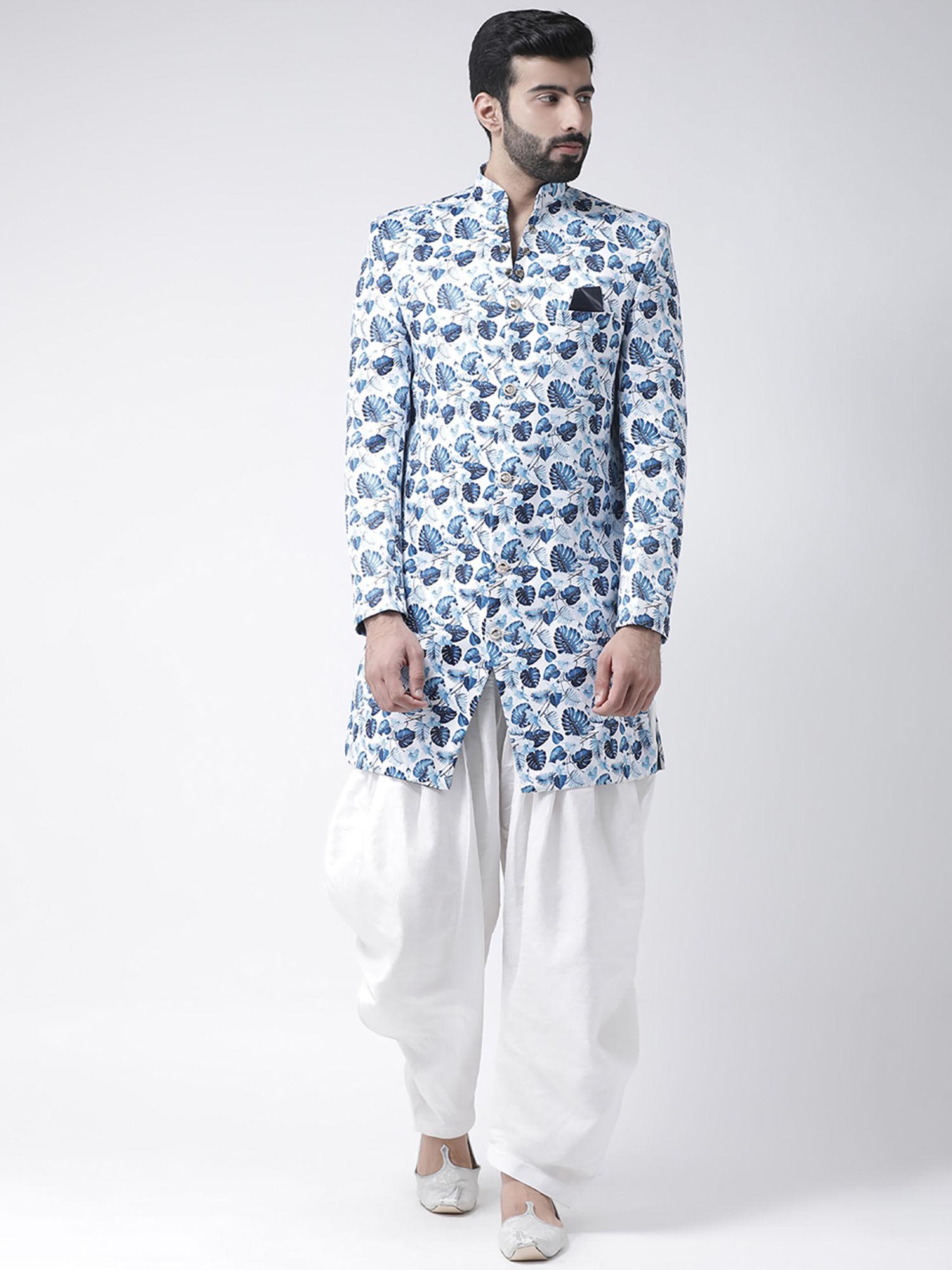 white printed sherwani and pyjama (set of 2)