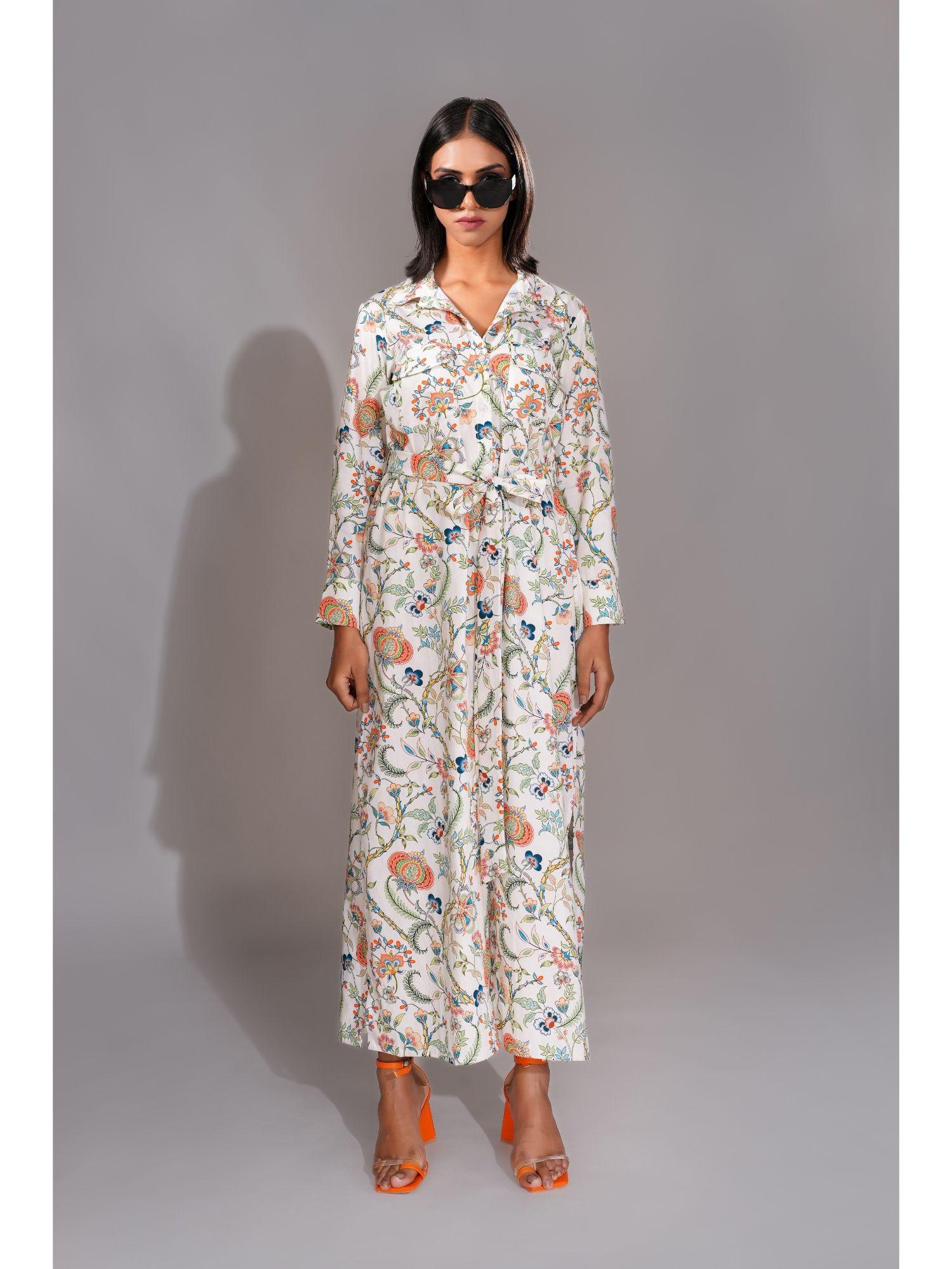 white printed shirt maxi dress with belt (set of 2)