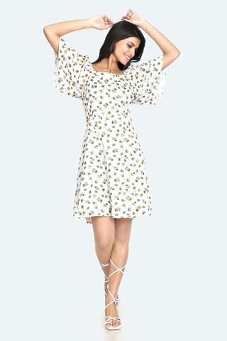 white printed square neck casual thigh-length short sleeves women regular fit dress