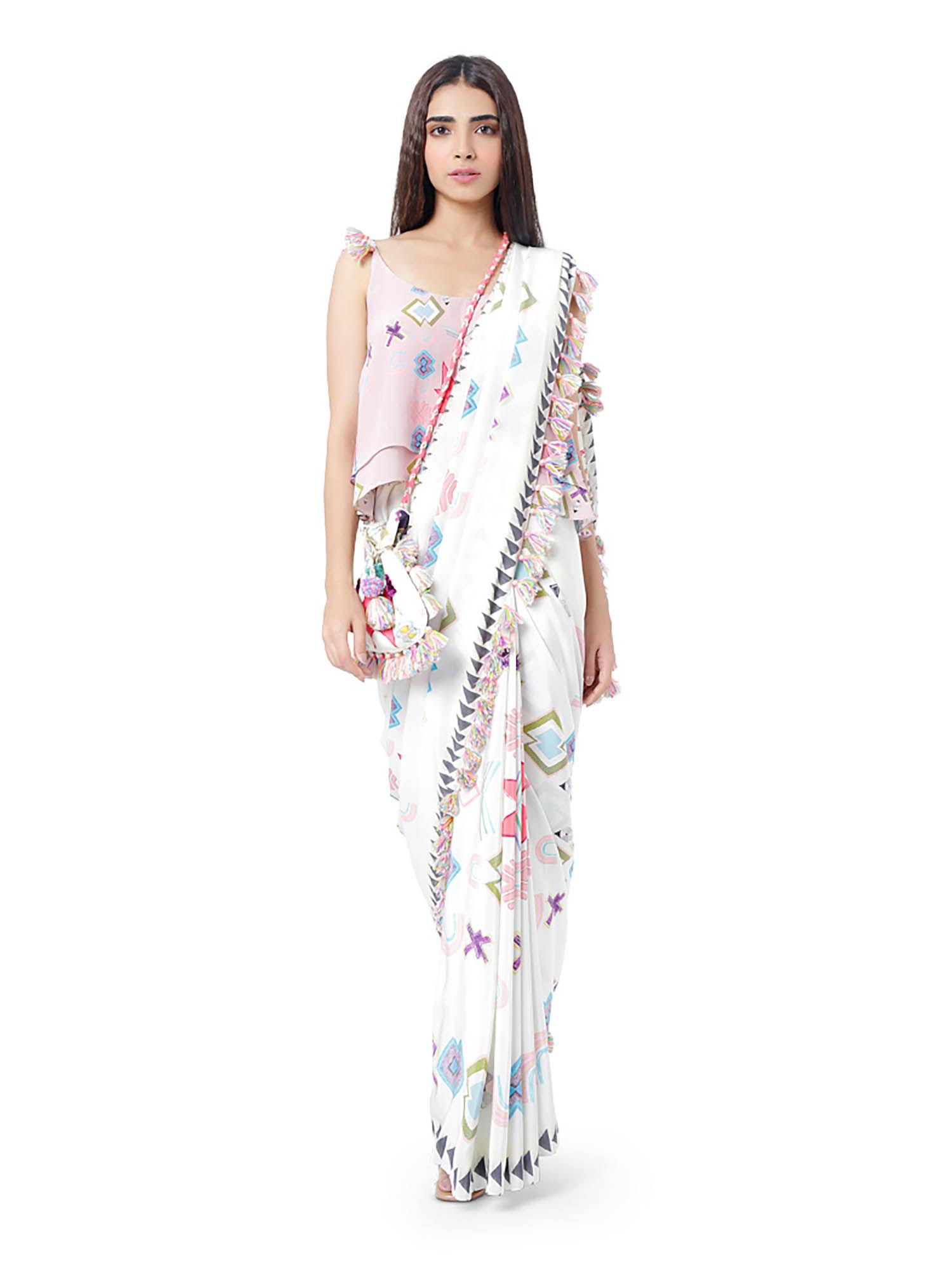 white printed two layer top with saree and petticoat
