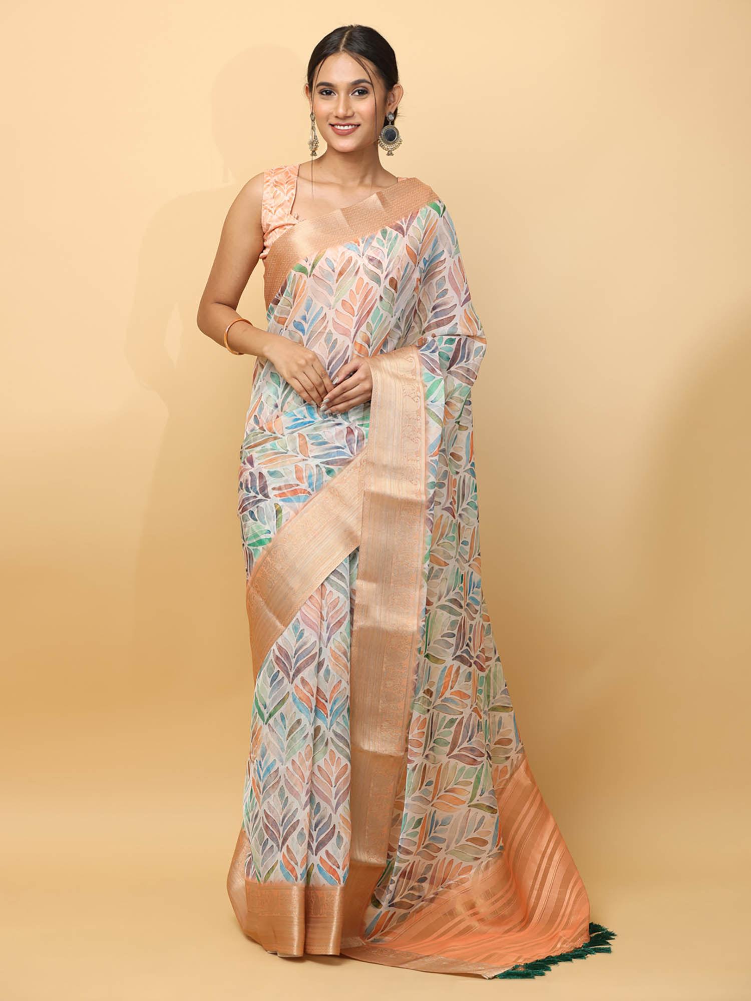 white printed zari organza saree with unstitched blouse