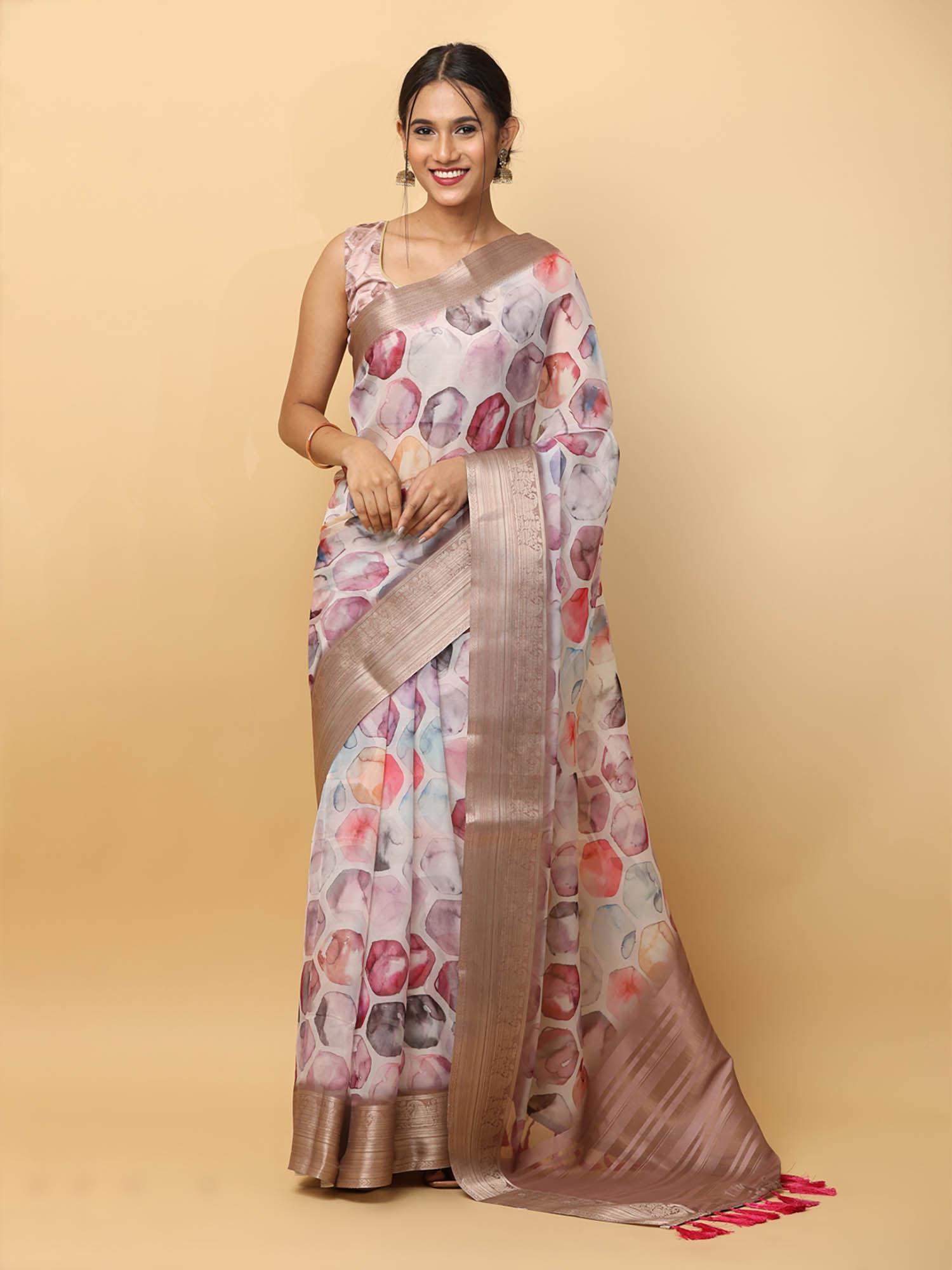 white printed zari organza saree with unstitched blouse