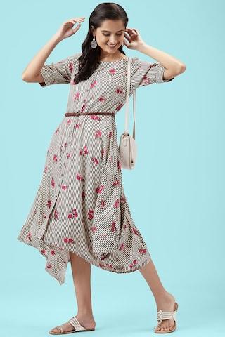white printeded round neck casual calf-length elbow sleeves women regular fit dress