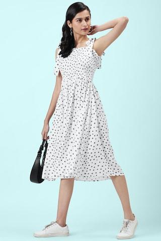 white printeded square neck casual calf-length sleeveless women flared fit dress