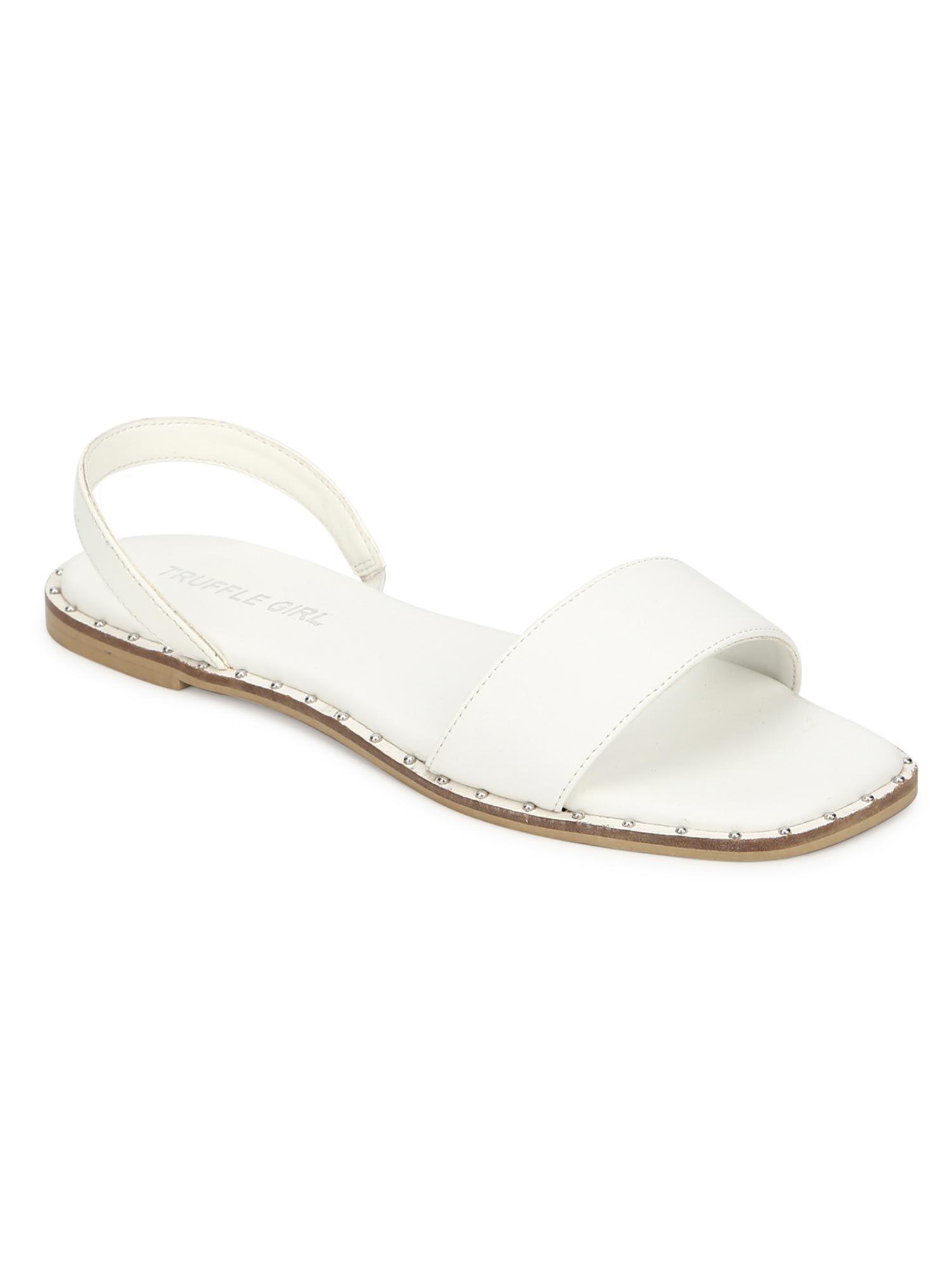 white pu flat sandals with back strap