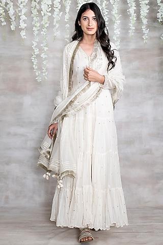 white pure chanderi gathered anarkali set