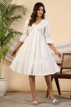 white pure cotton alia cut mirror work tiered midi dress with lining - white