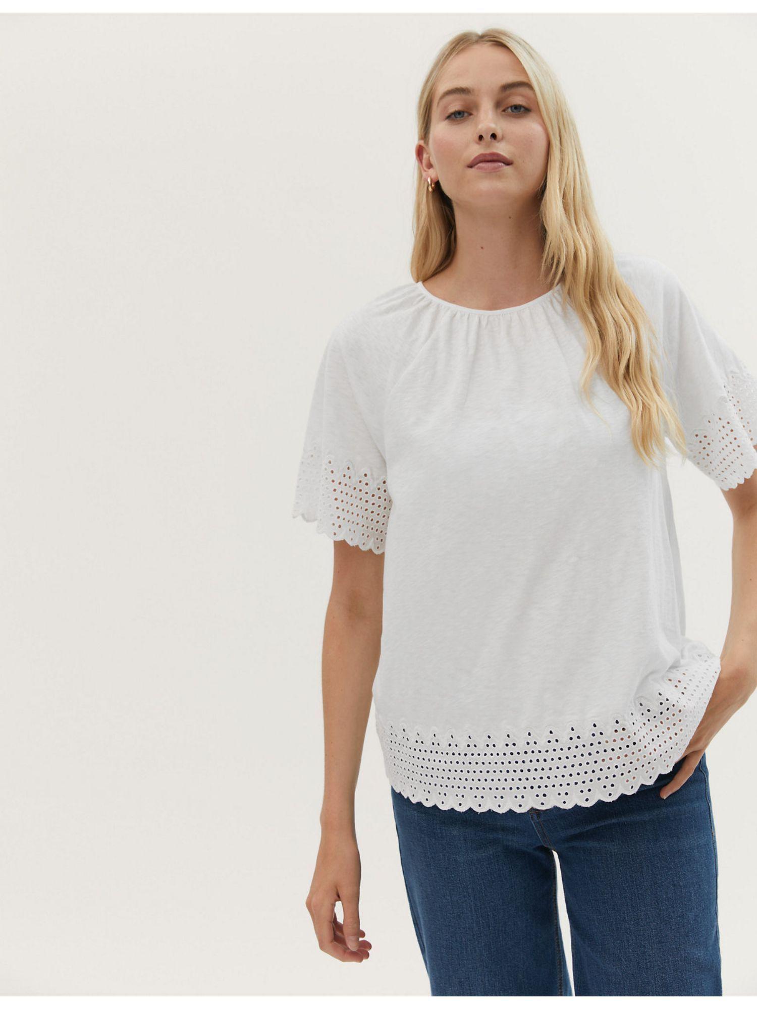 white pure cotton broderie detail crew neck top