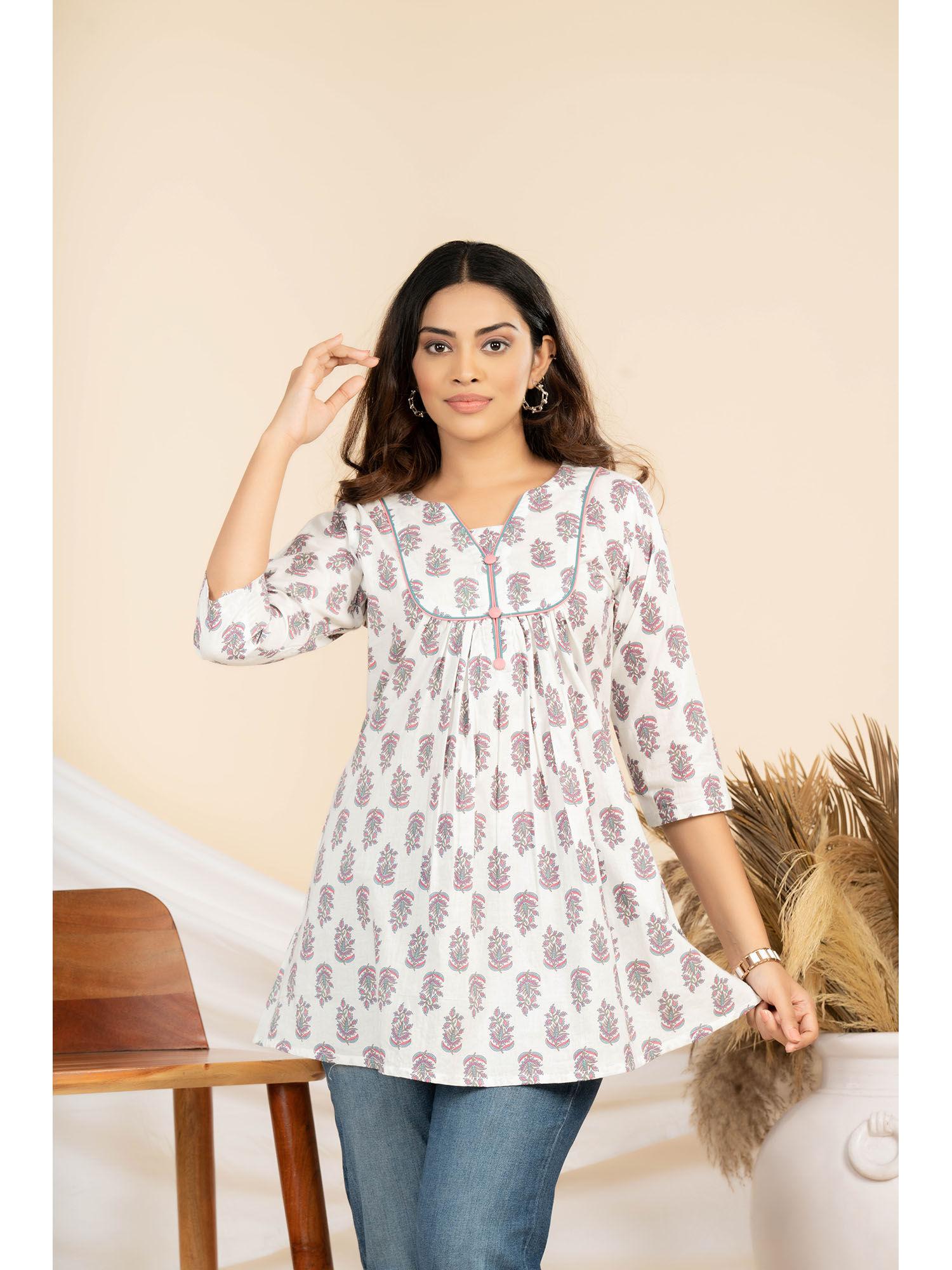 white pure cotton cambric block printed pleated tunic