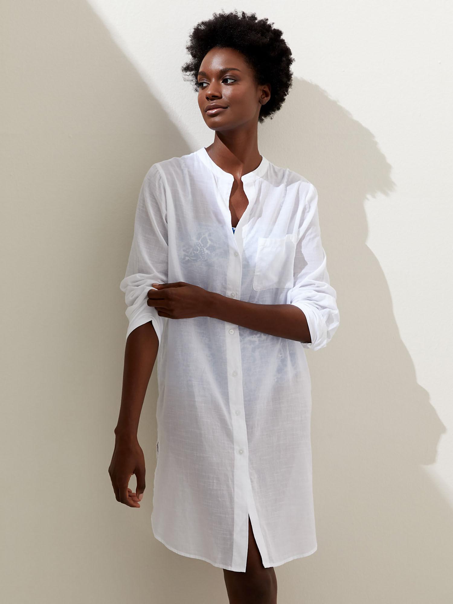 white pure cotton collarless beach cover up shirt