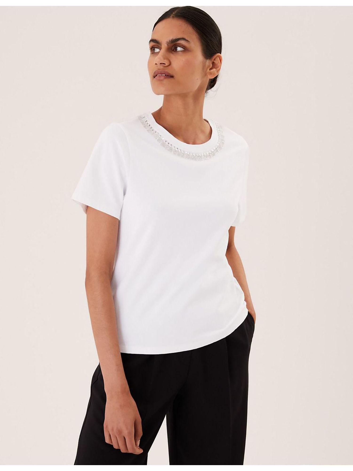 white pure cotton embellished regular fit top