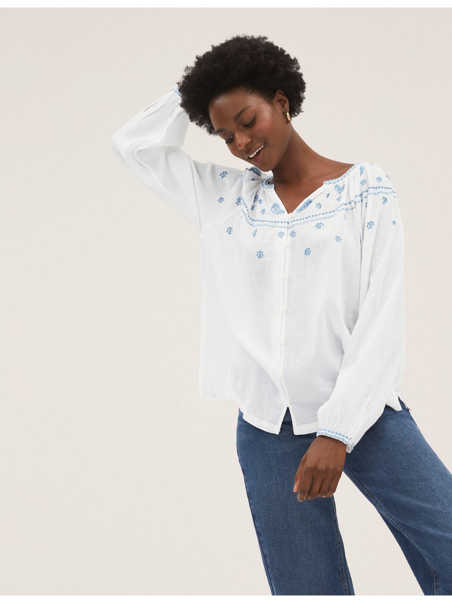 white pure cotton embroidered long sleeve blouse