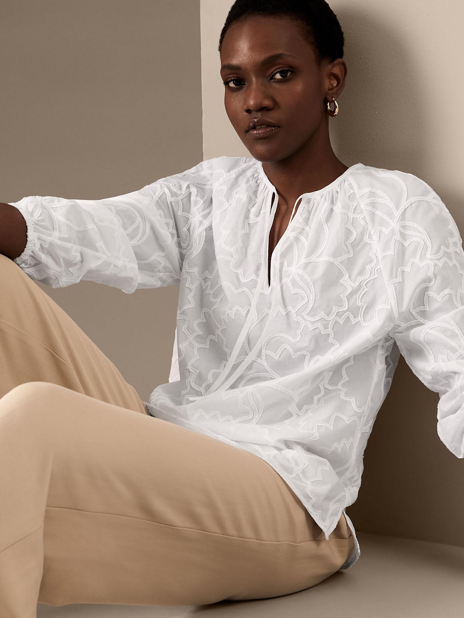 white pure cotton embroidered tie neck blouse