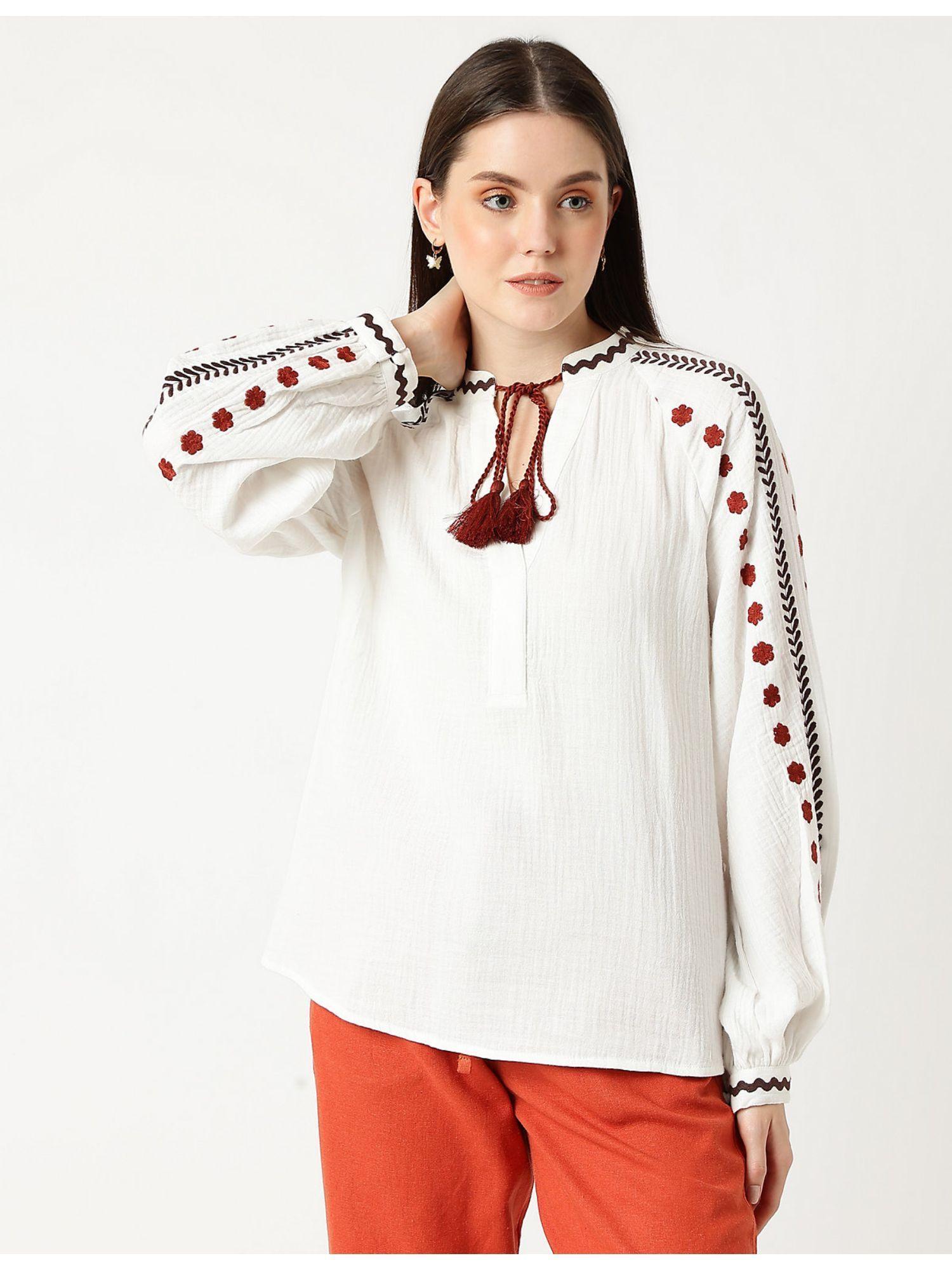 white pure cotton embroidered tie-up neck blouse