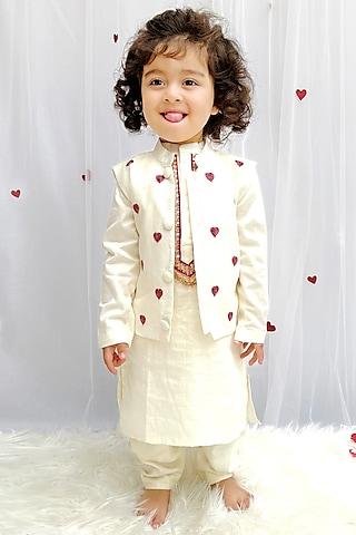 white pure cotton hand embroidered nehru jacket set for boys