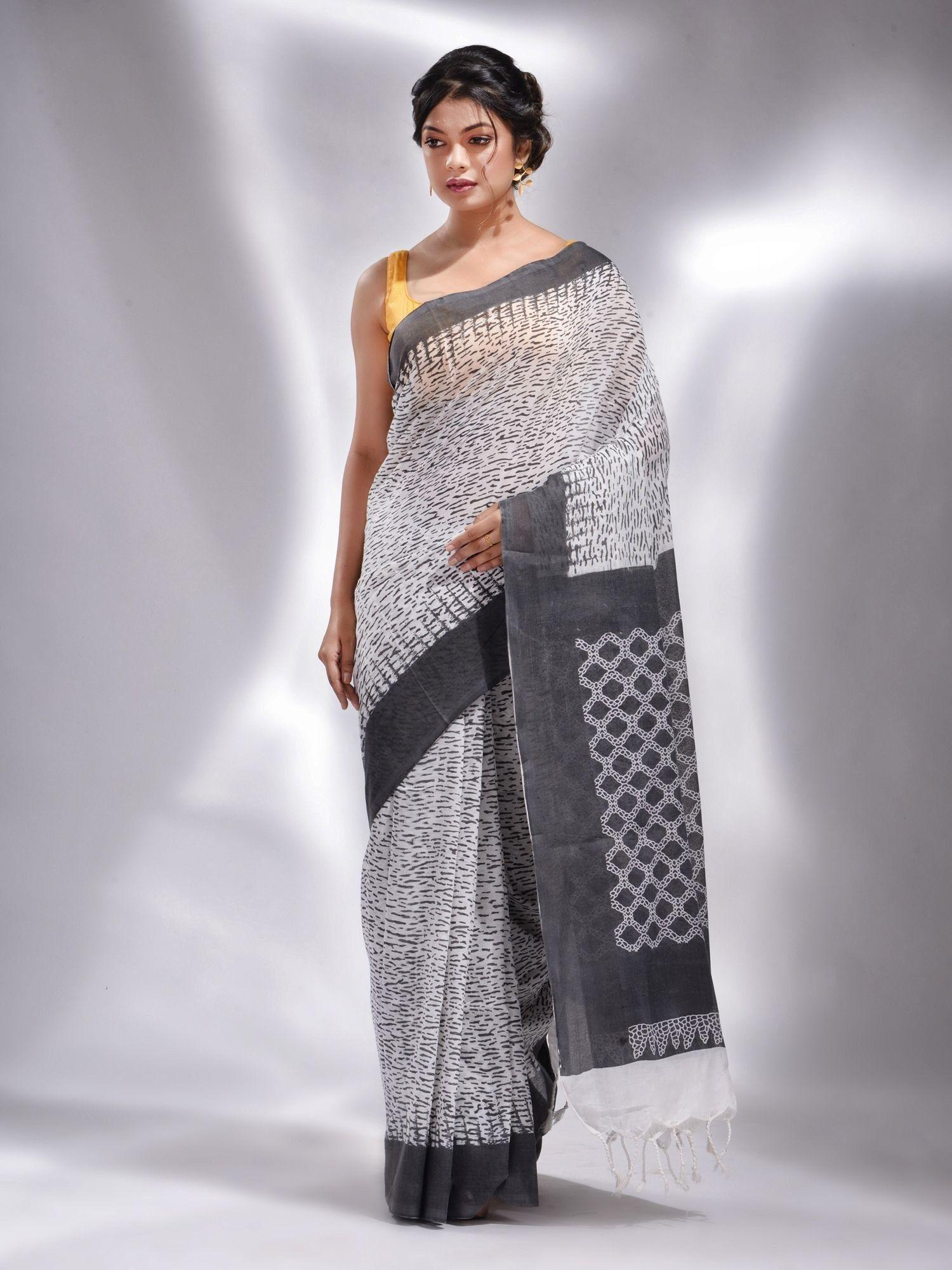 white pure cotton handwoven shibori print saree with unstitched blouse