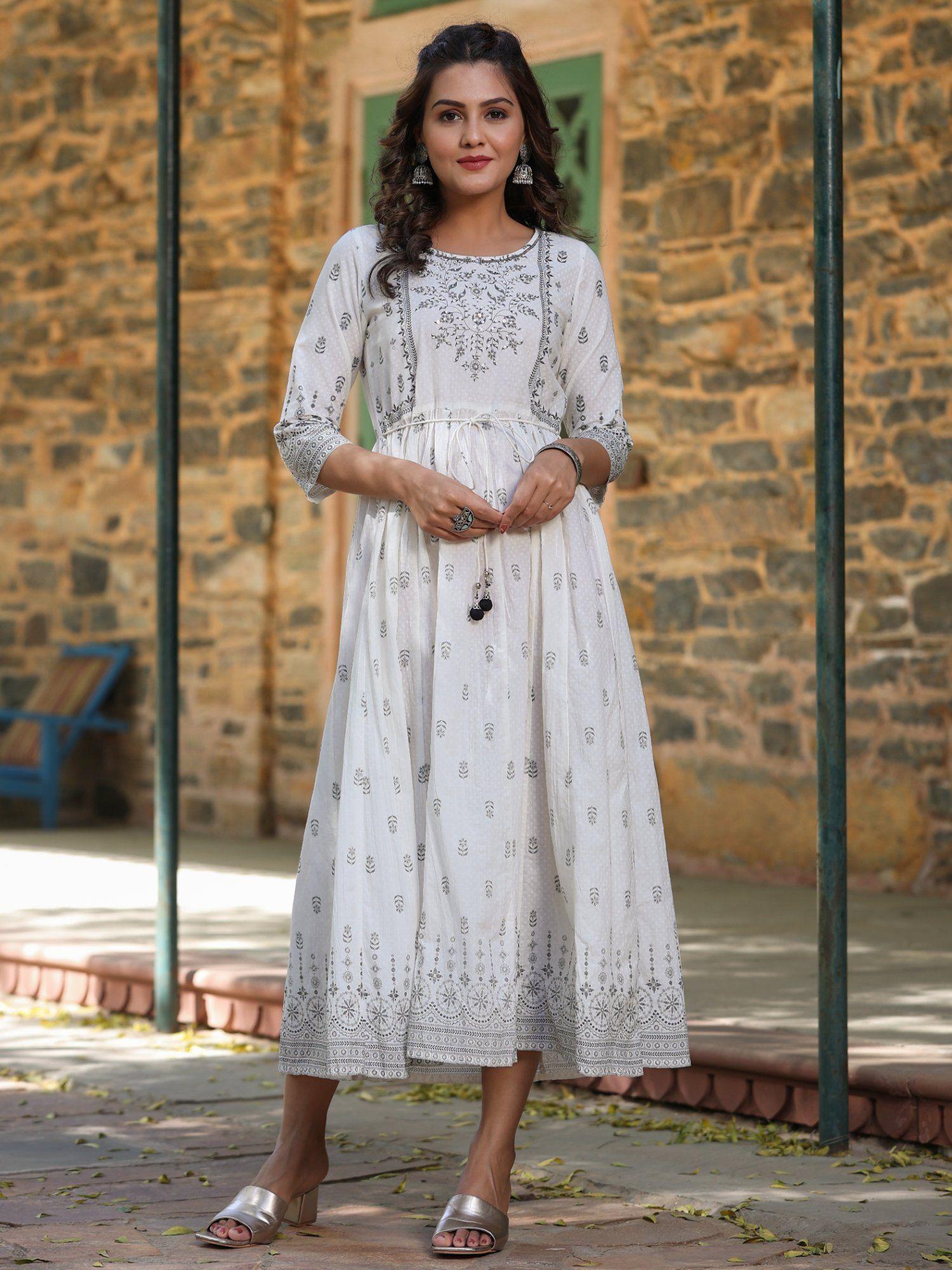 white pure cotton printed kurta, sharara & dupatta set with beads & sequins