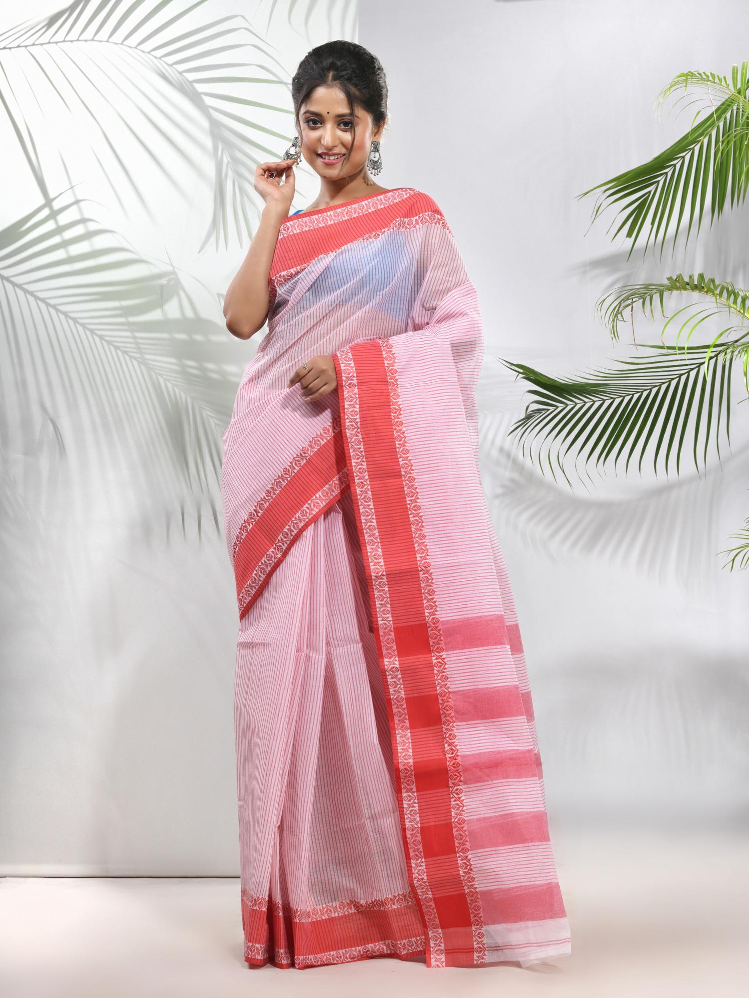 white pure cotton tant woven designs saree without blouse