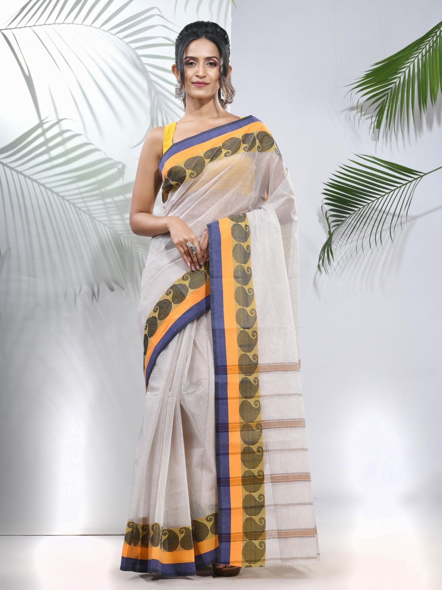 white pure cotton tant woven designs saree without blouse