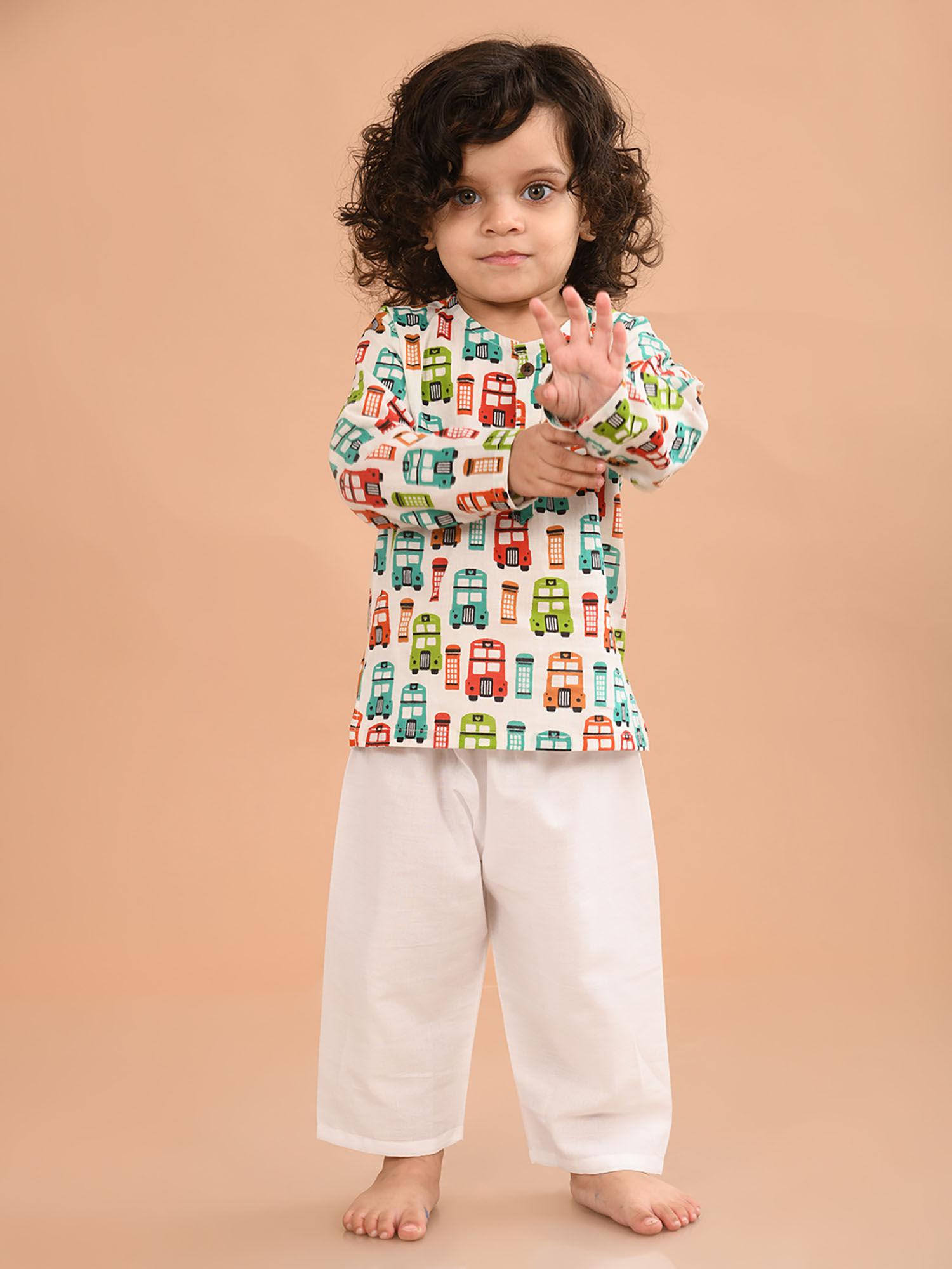 white pure cotton unisex bus print kurta with pant (set of 2)