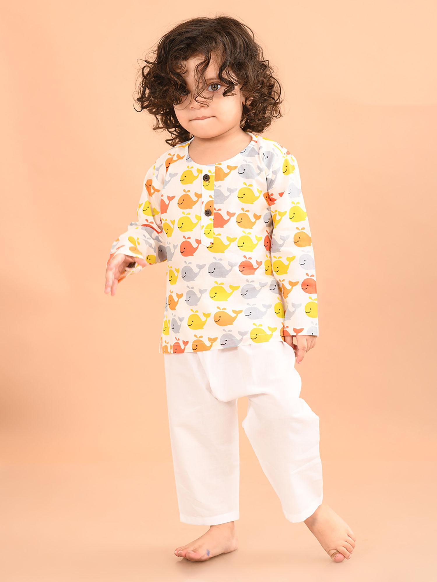 white pure cotton unisex dolphin print kurta with pant (set of 2)