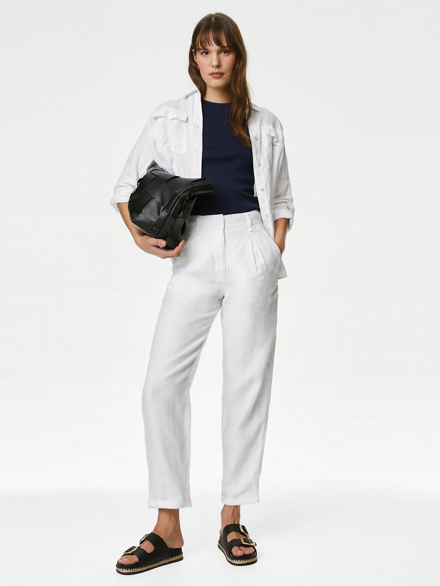 white pure linen ankle trousers