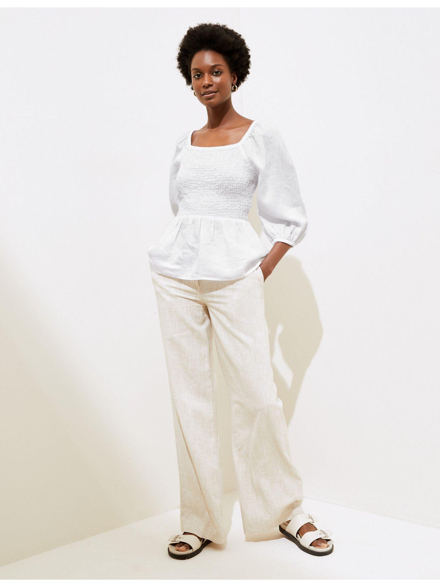 white pure linen shirred square neck top