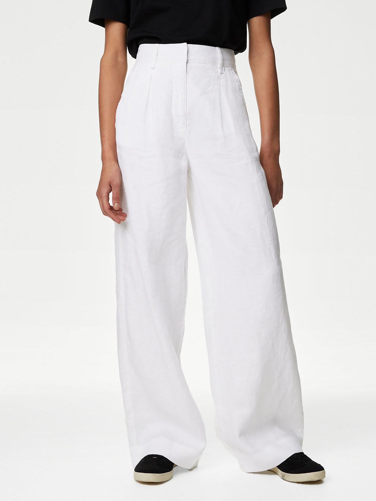 white pure linen wide leg trousers