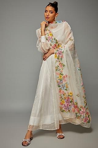 white pure organza silk embellished anarkali set