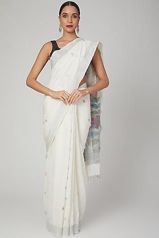white pure resham silk jamdani floral motifs saree set