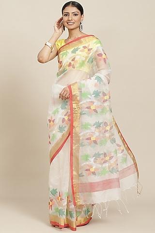 white pure resham silk printed & floral motif embroidered handloom saree