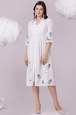 white pure textured cotton printed & embroidered dress