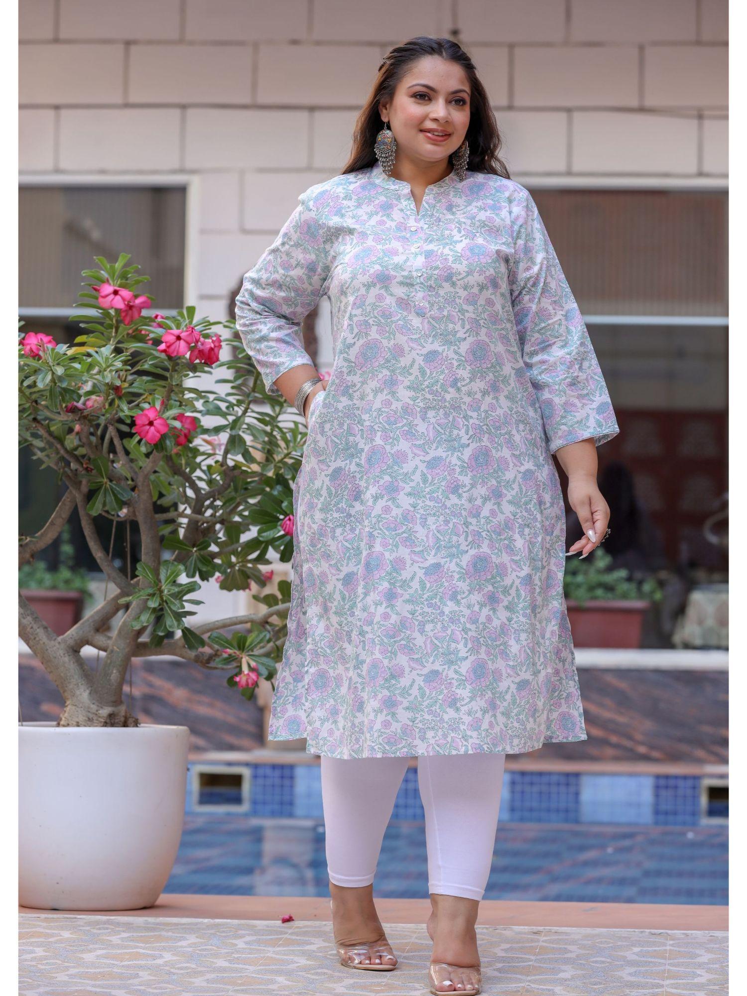 white-purple floral printed plus size kurta