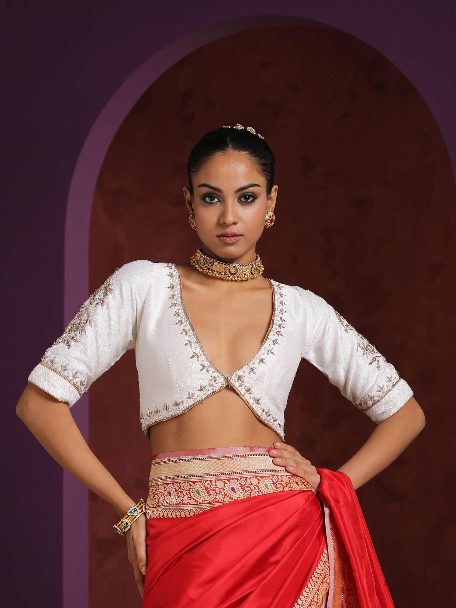 white raw silk blouse with hand embroidered zardozi detailing