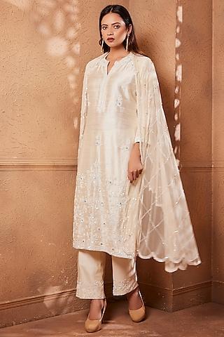 white raw silk embroidered kurta set