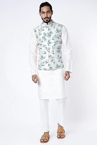 white raw silk printed nehru jacket