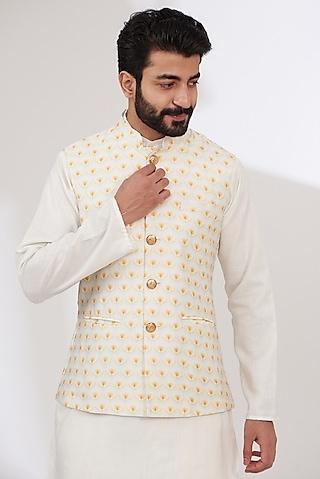 white raw silk printed nehru jacket