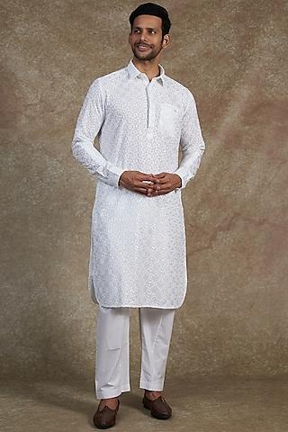 white rayon embroidered pathani kurta set