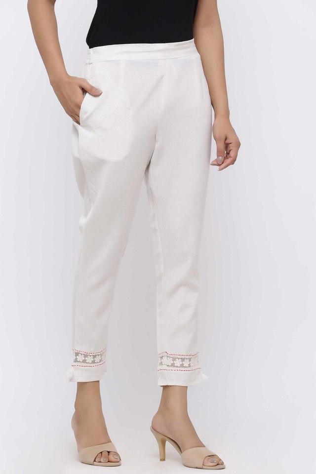 white rayon flex solid slim fit cigarette women pants with one pocket with self design