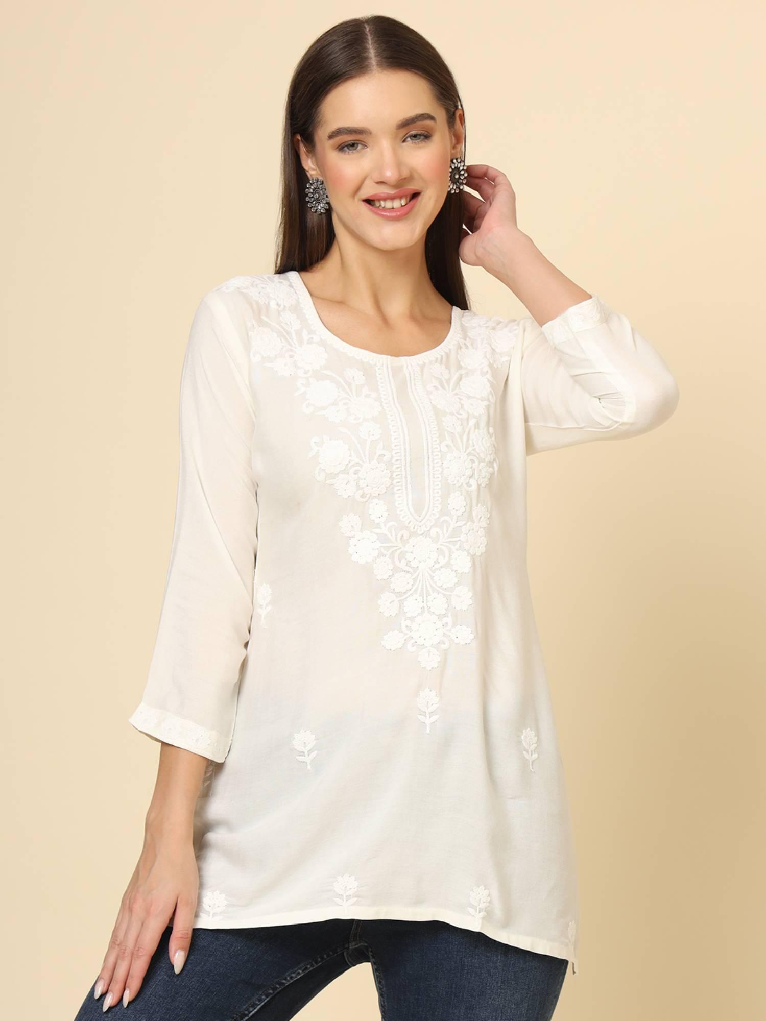 white rayon lucknowi chickankari work kurti