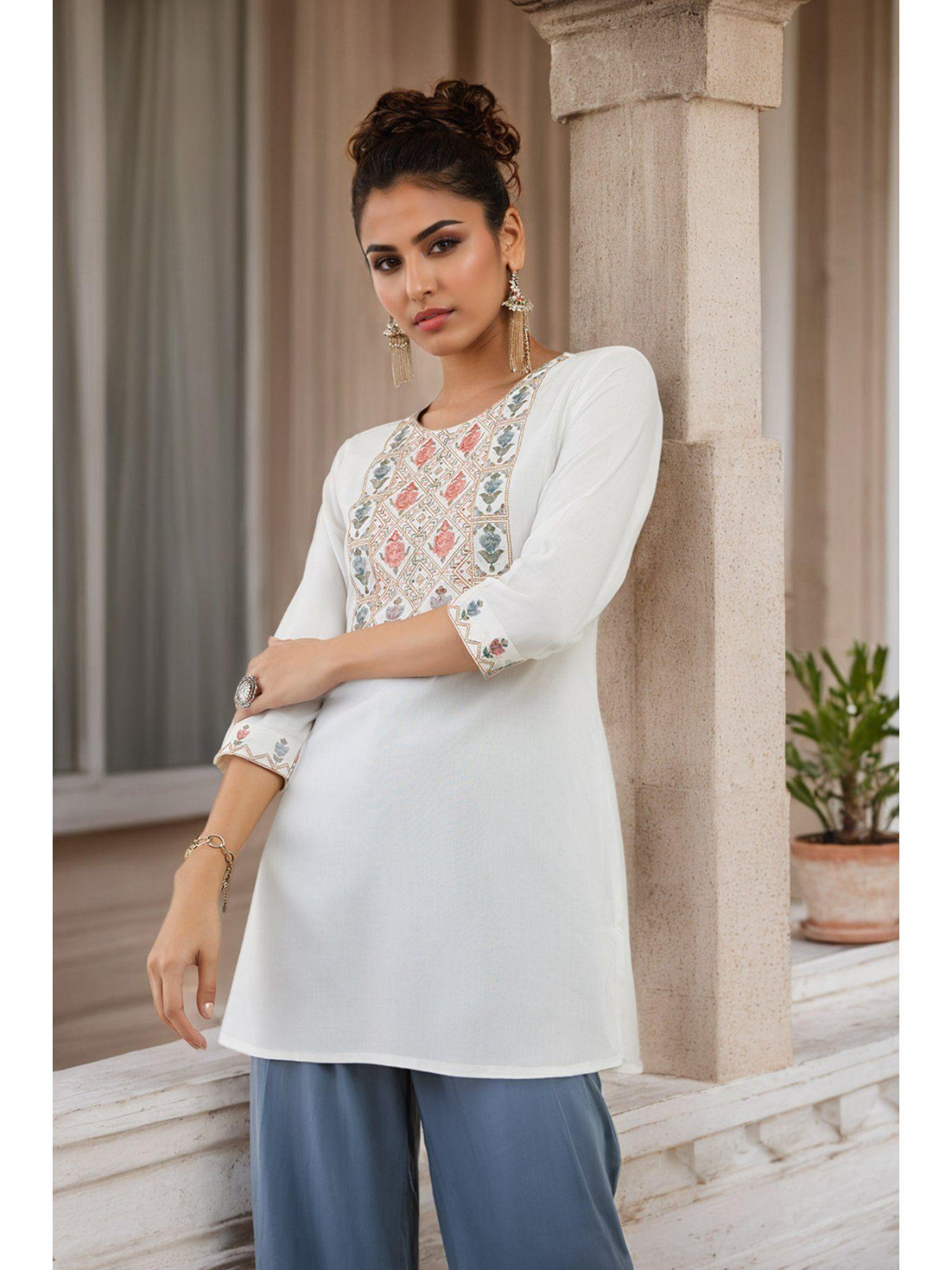 white rayon tunic with floral and geometric embroidery