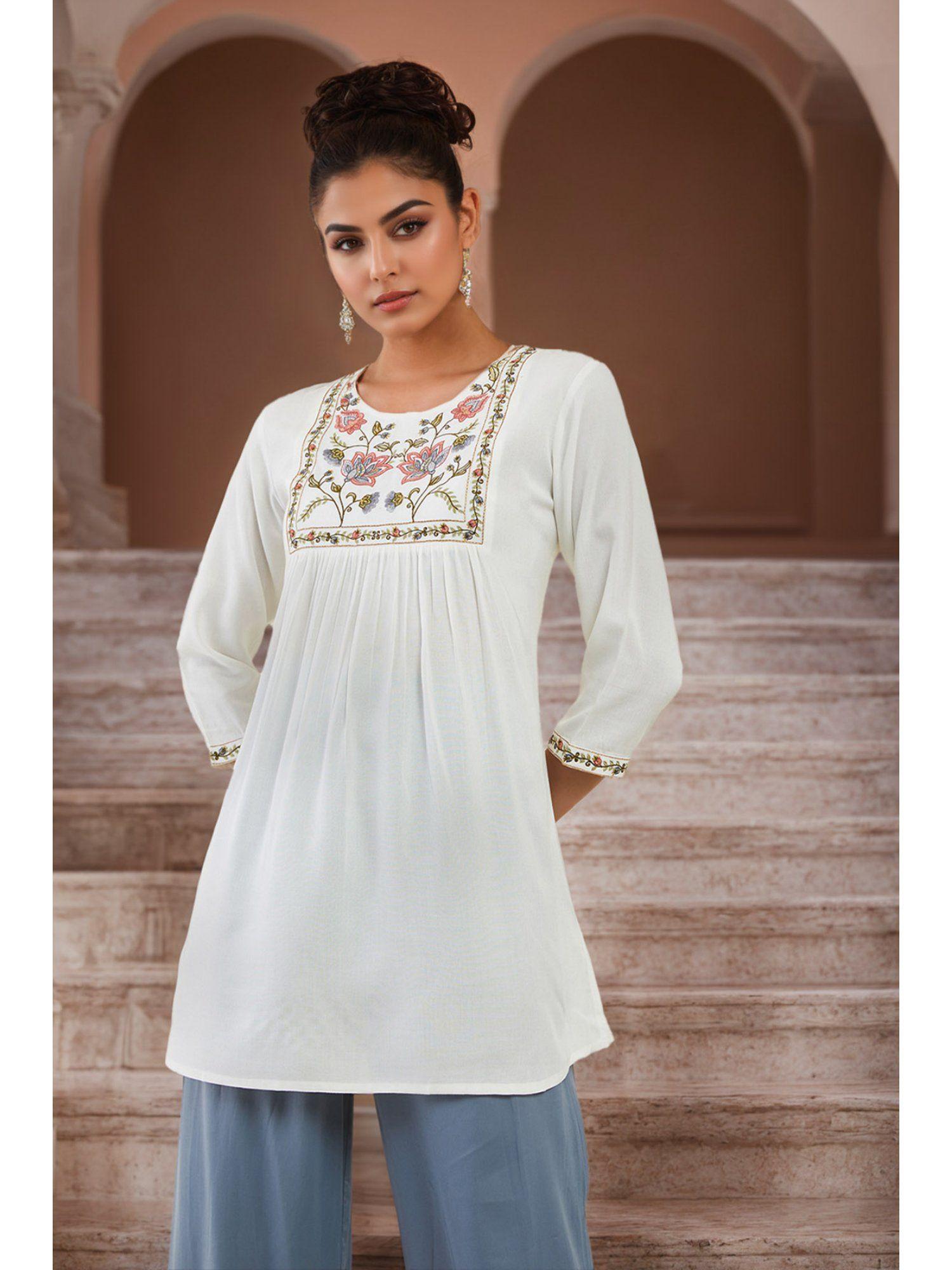 white rayon tunic with floral embroidery