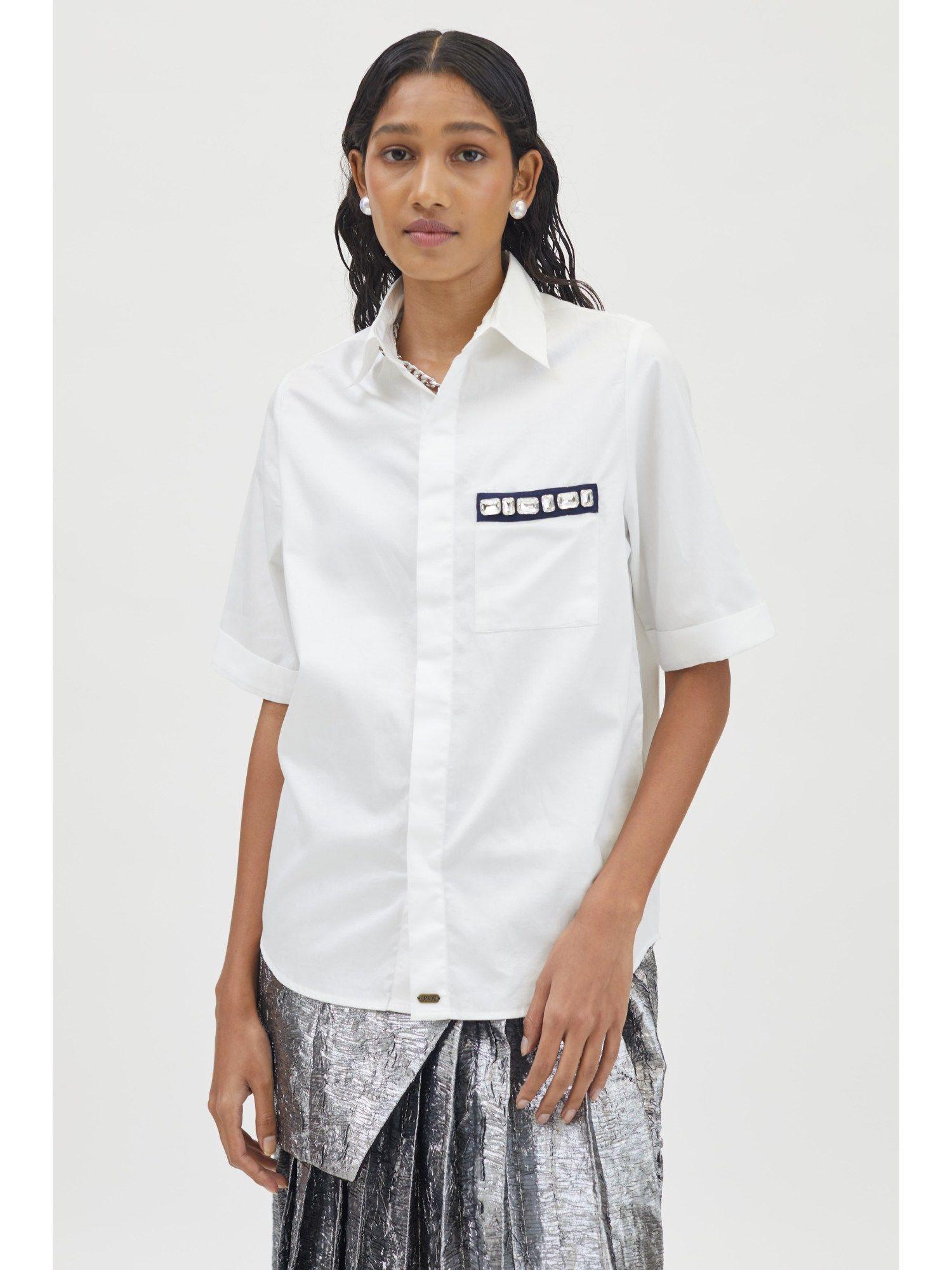 white rectangle pocket swarovski shirt