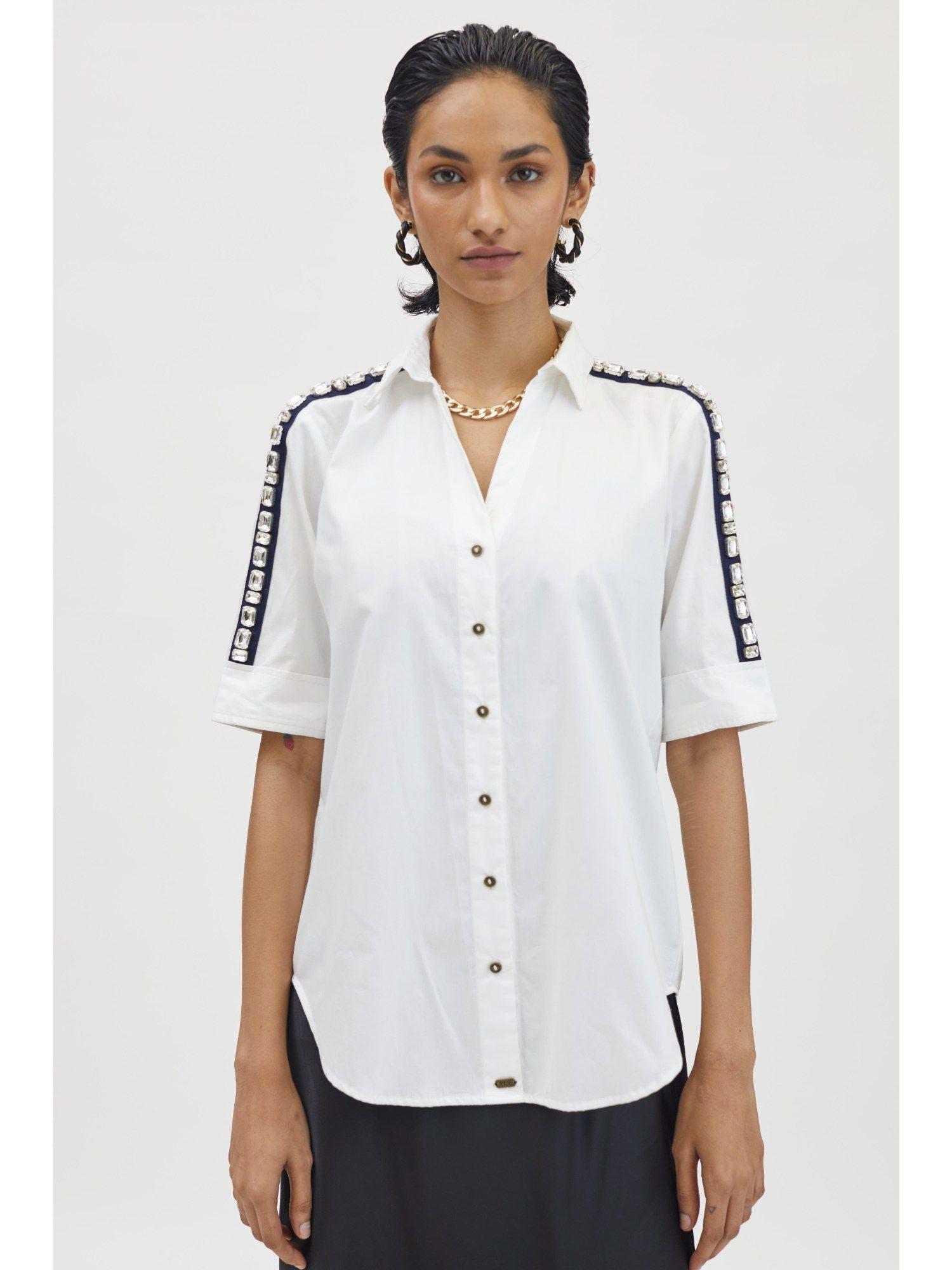 white rectangle swarovski ribbon shirt